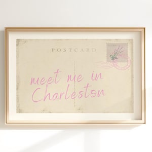Impresión de postal "Encuéntrame en Charleston", arte mural rosa de moda, decoración vintage para dormitorio, póster de viaje retro, apartamento universitario, impresión digital