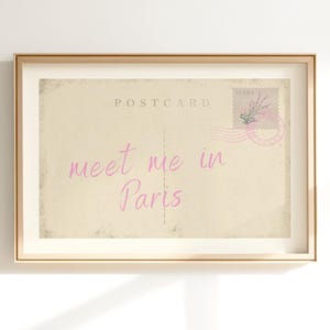 Impression carte postale Meet Me In Paris, art mural rose tendance, décoration de dortoir vintage, affiche de voyage rétro, esthétique d'appartement universitaire, numérique