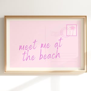 Impresión de postal "Encuéntrame en la playa", arte mural costero rosa claro, decoración moderna para dormitorios, arte mural playero, impresión digital para apartamentos universitarios