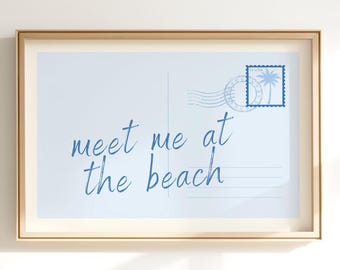 Impresión de postal "Encuéntrame en la playa", arte mural costero azul claro, decoración moderna para dormitorios, arte mural playero, impresión para apartamento universitario, digital