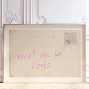 Impression carte postale Meet Me In Paris, art mural rose tendance, décoration de dortoir vintage, affiche de voyage rétro, esthétique d'appartement universitaire, numérique