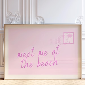 Impresión de postal "Encuéntrame en la playa", arte mural costero rosa claro, decoración moderna para dormitorios, arte mural playero, impresión digital para apartamentos universitarios