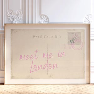 Impresión de postal "Encuéntrame en Londres", arte mural rosa de moda, decoración vintage para dormitorio, póster de viaje retro, apartamento universitario, impresión digital
