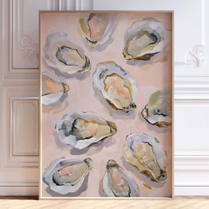 Dipinto di conchiglie di ostriche / Arte murale costiera / Decorazione per stanze da spiaggia / Stampa artistica della cucina della casa sulla spiaggia costiera / Poster della casa sulla spiaggia estiva / Digitale