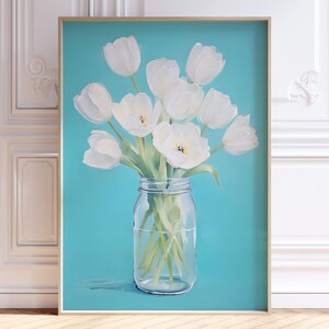 Art mural tulipes printanières à imprimer | floral blanc sarcelle pastel | Art mural botanique | Fleur girly imprimable | Décoration de ferme | Numérique