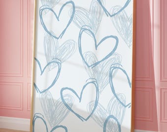 Blue Hearts Wall Art Printable: Trendy Preppy Dorm Room Decor Poster (Instant Digital Download)