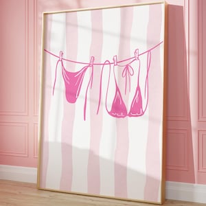 Pink Bikini Clothesline Print, Light Pink Beachy Wall Art, Cute Coastal Wall Art, College Dorm Room Decor, Trendy Wall Art, Digital Download