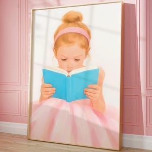 Little Red Head Girl Reading Print | Pink Girl Bedroom Wall Art | Pastel Reading Nook Decor | Kids Playroom Printable Poster | Digital Print