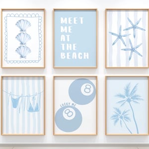 Blue Beach Prints Set of 6, Trendy Coastal Wall Art, Cute Beachy Wall Art, Girly Dorm Room Decor Posters, College Apartment Prints, Digital