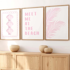 Pink Beach Prints Set of 3, Trendy Coastal Wall Art, Beachy Wall Art, Cute Girly Preppy Dorm Room Decor, College Apartment Posters, Digital