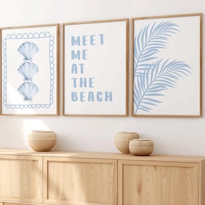 Blue Preppy Beach Prints Set of 3, Trendy Coastal Wall Art, Beachy Wall Art, Girly Dorm Room Decor Posters, College Apartment, Digital