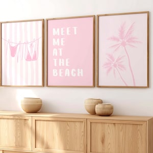 Pink Beach Prints Set of 3, Trendy Coastal Wall Art, Beachy Wall Art, Cute Girly Preppy Dorm Room Decor, College Apartment Posters, Digital