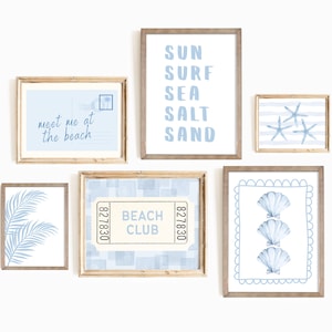 Blue Preppy Beach Prints Set of 6, Trendy Coastal Wall Art, Beachy Wall Art, Girly Dorm Room Decor Posters, College Apartment, Digital