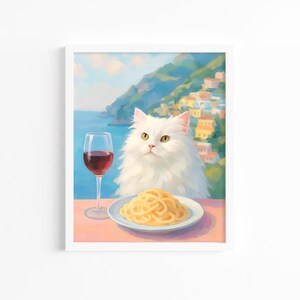 ワイングラスを持った白い猫のプリント、アマルフィ海岸の動物のウォールアート、パステルカラーのキッチンの面白いデコレーション、アパートメントの美的センス、バーカートのプリント、デジタルアート