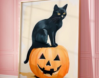黒猫のハロウィンプリント | ジャック・オー・ランタンの秋のプリント