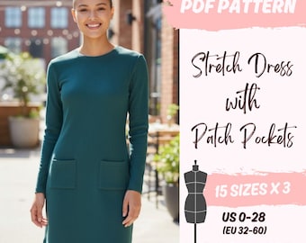 Patrón de vestido de punto elástico para mujer / Cuello redondo, bolsillos de parche, ideal para principiantes (patrón de costura en PDF)