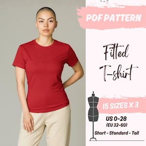 May include: A woman wearing a red fitted t-shirt and beige pants. The image includes text that reads "PDF Pattern", "Fitted T-shirt", "15 Sizes x 3", "US 0-28 (EU 32-60)", and "Short - Standard - Tall".