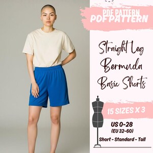 May include: A person wearing a beige t-shirt and blue Bermuda shorts. The image includes text that reads "PDF PATTERN", "Straight Leg Bermuda Basic Shorts", and size information for US sizes 0-28.
