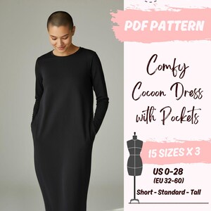 May include: A woman wearing a black long-sleeve cocoon dress with pockets. The image includes text that reads "PDF PATTERN Comfy Cocoon Dress with Pockets" and size information for US sizes 0-28. The dress pattern is available in short, standard, and tall lengths.