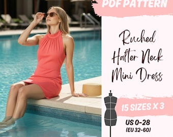 Patrón de costura para minivestido con cuello halter / Patrón PDF para mujer