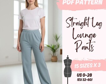May include: A woman wearing a white t-shirt and light blue straight-leg lounge pants. The image includes a PDF pattern graphic with text that reads "Straight Leg Lounge Pants" and size information: US 0-28 (EU 32-60).