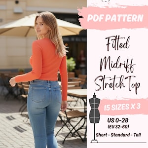 Könnte beinhalten: Ein orangefarbenes, langärmeliges, figurbetontes Midriff-Stretch-Top und eine hellblaue Jeans. Das Bild enthält den Text "PDF Pattern", "Fitted Midriff Stretch Top" und Größenangaben für US 0-28 (EU 32-60).