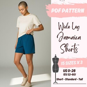 Könnte beinhalten: Eine Frau trägt ein cremefarbenes T-Shirt und eine teal-farbene Shorts. Das Bild enthält den Text "PDF PATTERN Wide Leg Jamaica Shorts" und Größenangaben, einschließlich EU-Größen 32-60. Das Schnittmuster ist verfügbar.