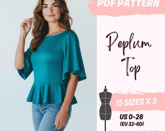 Peplum Top Sewing Pattern for Women | Boat Neck, Bell Sleeves (PDF Pattern - Instant Download)