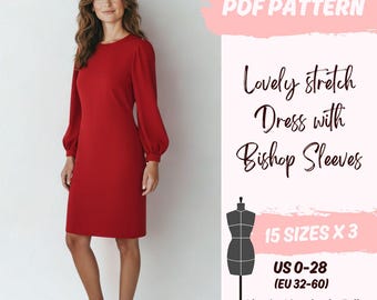 Women's Bishop Sleeve A-Line Dress Pattern | Puffed Sleeves, Knee Length (PDF Sewing Pattern)