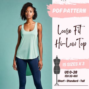 Könnte beinhalten: Eine Frau trägt ein mintgrünes, locker sitzendes Hi-Low-Top und marineblaue Leggings. Das Bild enthält Text: "PDF Pattern", "Loose Fit Hi-Low Top" und Größenangaben für US-Größen 0-28 (EU 32-60).
