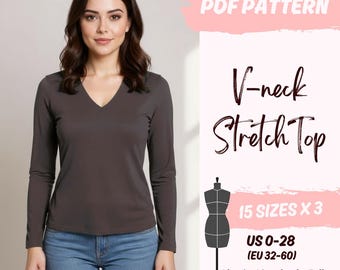 Patrón de top ajustado de manga larga con cuello en V / Tejido elástico de punto (Patrón en PDF para mujer)