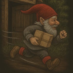 May include: An illustration of a gnome running with a parcel from the "Forest Shop". The gnome is wearing a red hat, grey coat, and brown boots. The words "Rush Order" are at the bottom of the image.
