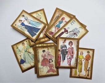 12 Tea Cards, Vintage Photos of Sewing Patterns /Junk Journal Ephemera/Scrapbook Embellishments/Craft Supply