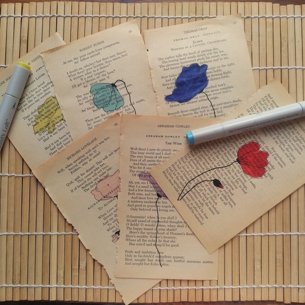 6 Small Pages of Vintage Poetry with Original Art Poppies/Downloadable Junk Journal Ephemera