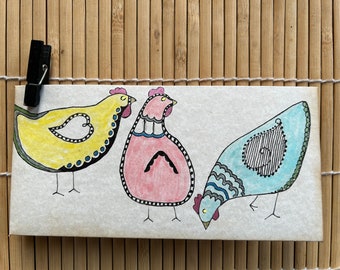 Hand drawn Snail Mail, Pen Pal or Money Envelope/Chickens  Design Envelope/Original Art/OOAK Gift/Gift Envelope