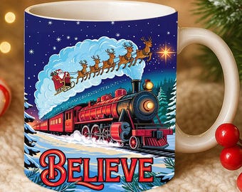 Christmas Believe  Mug Wrap PNG 11oz & 15oz Christmas Coffee Mug PNG Believe Christmas Santa Cup Wrap Reindeer Sublimation Digital Download
