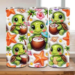 May include: Three white insulated tumblers with a repeating pattern of cartoon turtles, coconuts, starfish, and tropical flowers. The turtles are green and brown, holding coconuts with straws. The background includes orange starfish, palm trees, and pink hibiscus flowers.