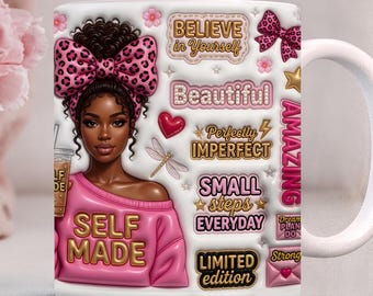 Diseño PNG de taza inflable de mujer negra hecha a sí misma, 11 oz y 15 oz, diseño inspirador de chica negra para sublimación, taza de buenos días PNG