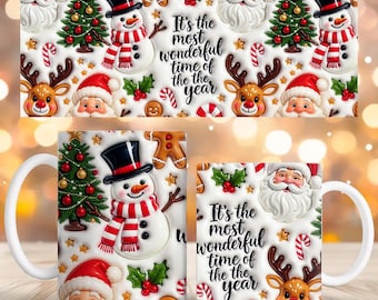 Inflated Winter mug wrap PNG, 3D It is most wonderful time of year 11oz & 15oz  Trending Puffy Holiday Sublimation Design