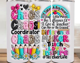 Vaso inflado para profesores (PNG), vaso de sublimación 3D de 20 oz para profesores, diseño de coordinador del caos