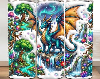 Aufgeblasener Fantasy Dragon Tumbler Wrap PNG, Nahtloses mystisches Waldsublimationsdesign, 20oz Drachen PNG-Datei