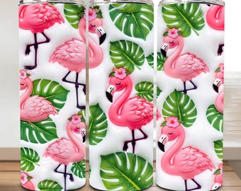 Inflated Summer Tumbler Wrap PNG, Pink Flaming Skinny Wrap, Tropical Leaves Sublimation PNG