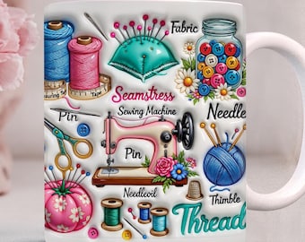 Inflated Sewing Mug Wrap PNG , 3d Seamstress 11oz & 15oz Sewing Machine Sublimation Wrap, Crafter Mug Design