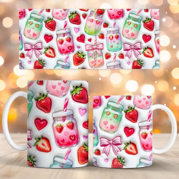 Inflated Strawberry Matcha Mug Wrap PNG, 11oz & 15oz Matcha Mug Sublimation PNG, Girlie Coquette Bow Drink Design
