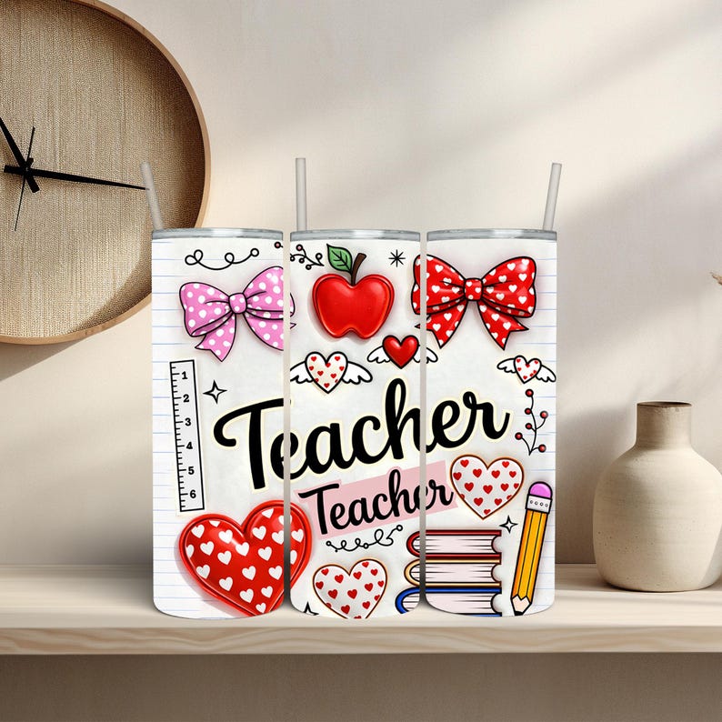 Puede incluir: Tres vasos aislados blancos con pajitas, decorados con gr&aacute;ficos tem&aacute;ticos de profesores. Los dise&ntilde;os incluyen un lazo rosa de lunares, una manzana roja, corazones y la palabra "Teacher". Tambi&eacute;n se incluye un l&aacute;piz y libros.