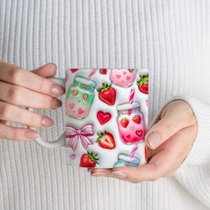 Inflated Strawberry Matcha Mug Wrap PNG, 11oz & 15oz Matcha Mug Sublimation PNG, Girlie Coquette Bow Drink Design image 3