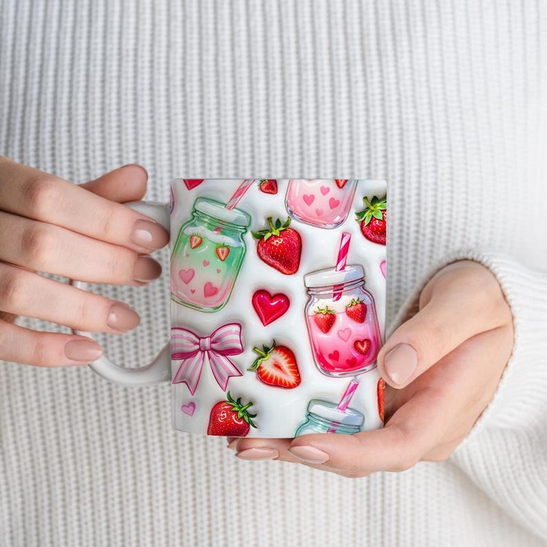 Inflated Strawberry Matcha Mug Wrap PNG, 11oz & 15oz Matcha Mug Sublimation PNG, Girlie Coquette Bow Drink Design image 3