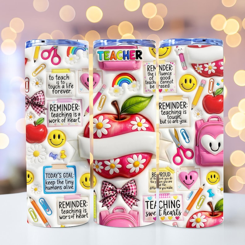 May include: A 20oz stainless steel tumbler with a teacher-themed design. The design includes a large apple, daisies, a rainbow, and various school supplies. The tumbler has the word "TEACHER" at the top.
