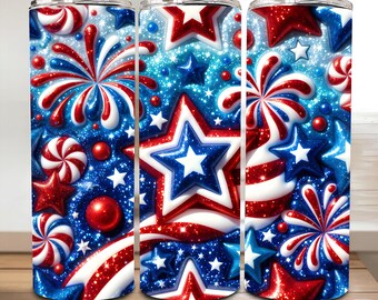 Inflated Glitter 4th of July Stars Tumbler Wrap PNG, 20oz Patriotic Sublimation Design