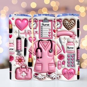 May include: A pink and white tumbler featuring medical-themed illustrations. The design includes a nurse's uniform, stethoscope, heart, clock, and medical supplies. The word "Nurse" is also visible on the tumbler.